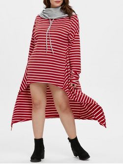 Drawstring Plus Size Striped High Low Dress - RED - 2X