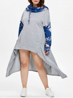 Floral Print Sleeve Plus Size Drawstring High Low Dress - BLUE - 1X