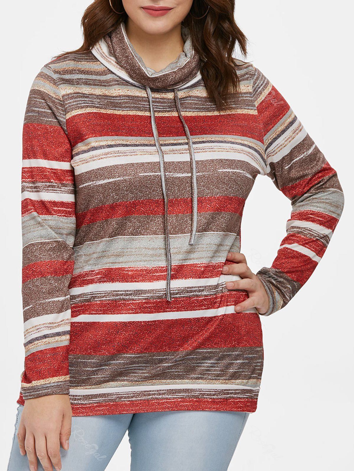 

Striped Plus Size Drawstring Sweatshirt, Red