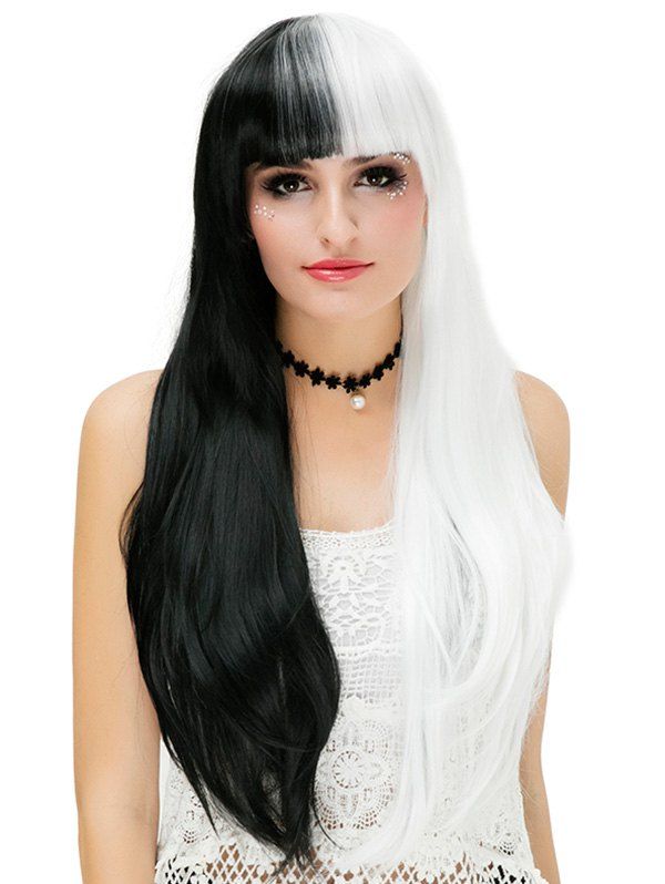 

Long Full Bang Two Tone Straight Cosplay Party Synthetic Wig, Multi-a