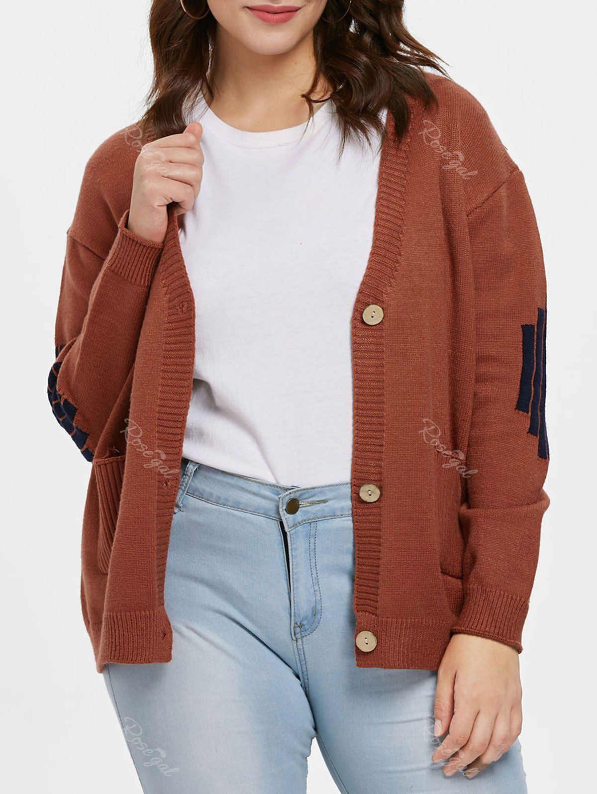 

Plus Size Color Block Sweater Cardigan, Brown