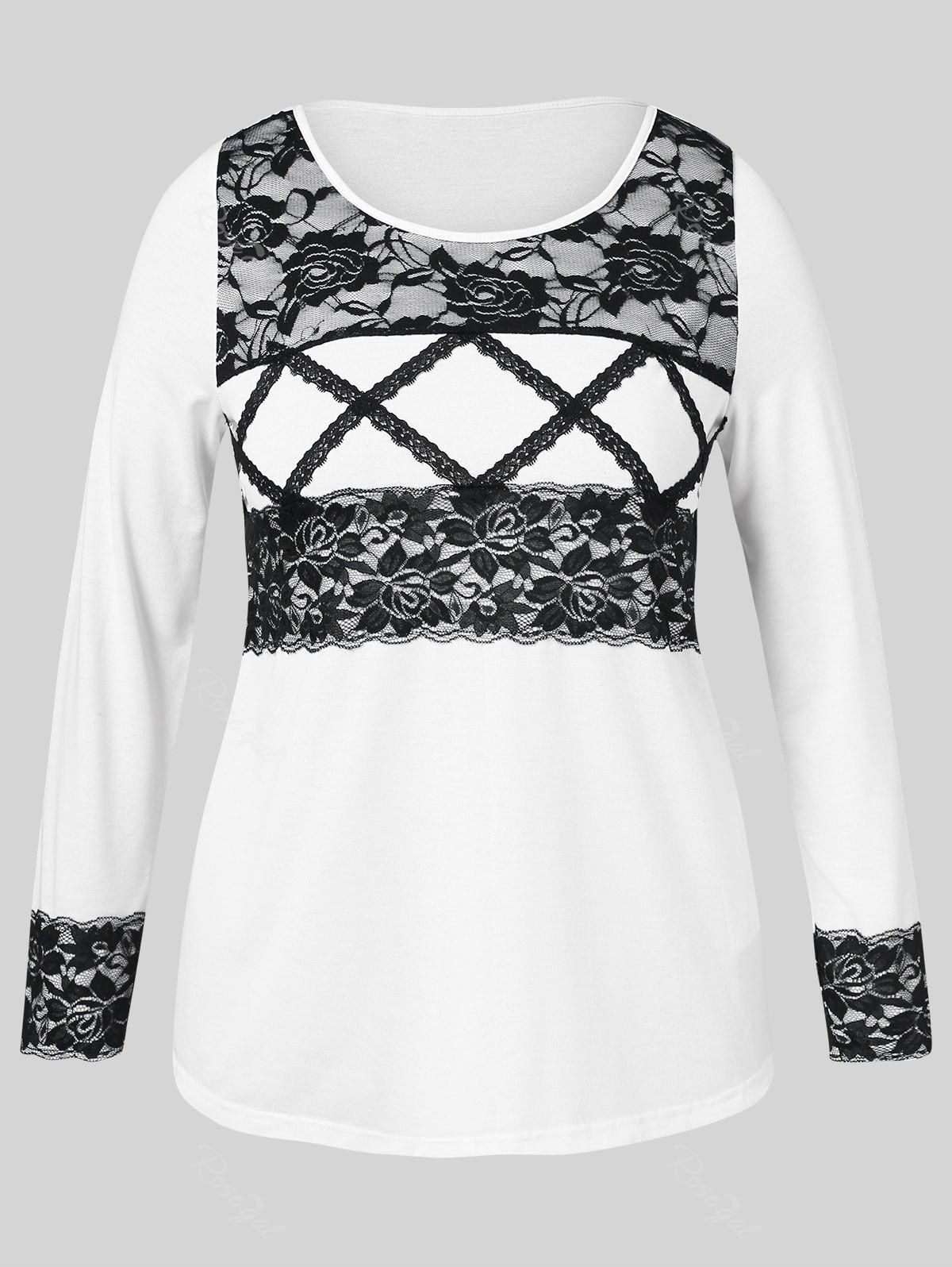 

Plus Size Long Sleeve Lace Insert Tee, White