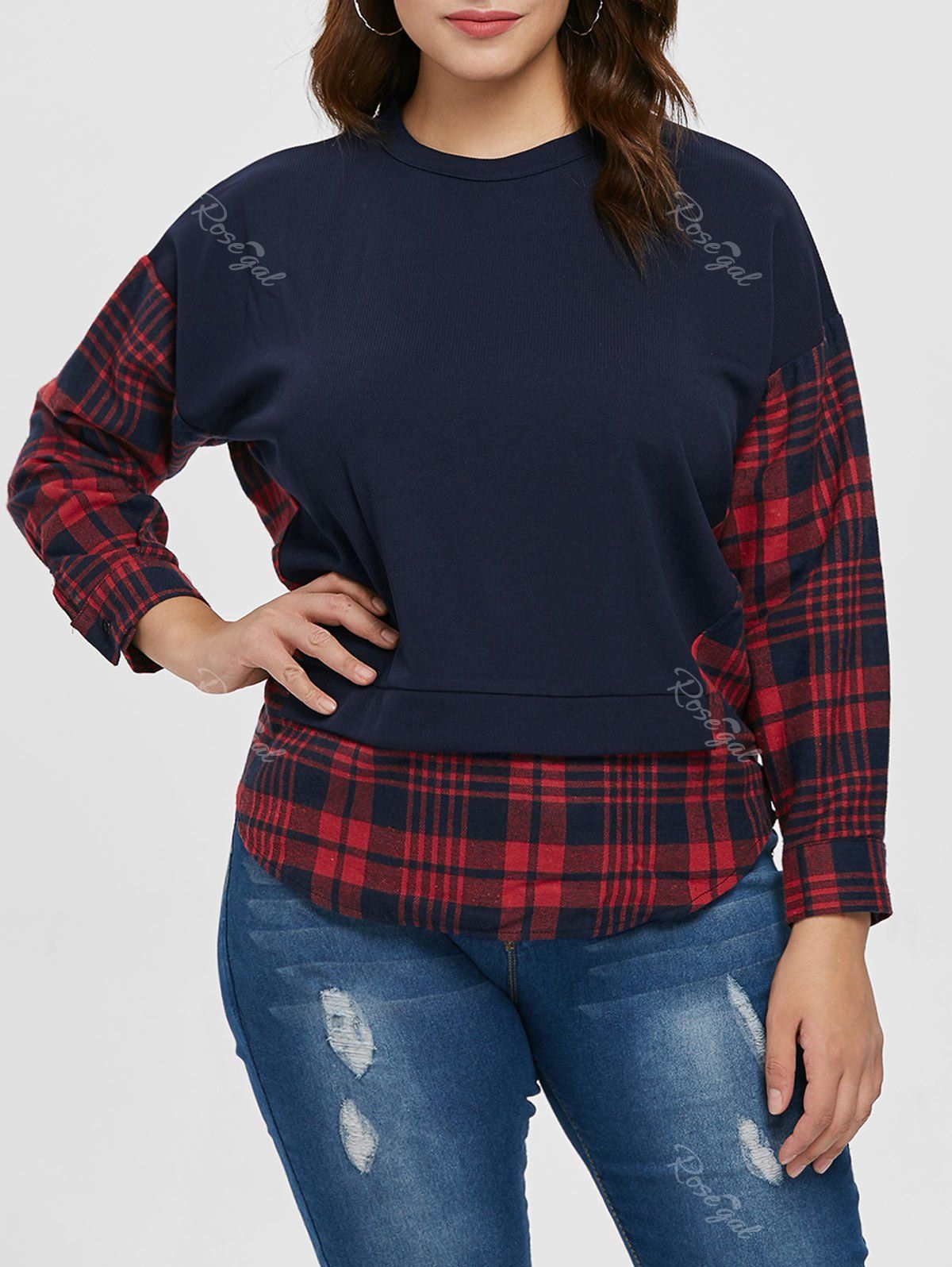 

Plaid Panel Sleeve Plus Size Round Neck T-shirt, Deep blue