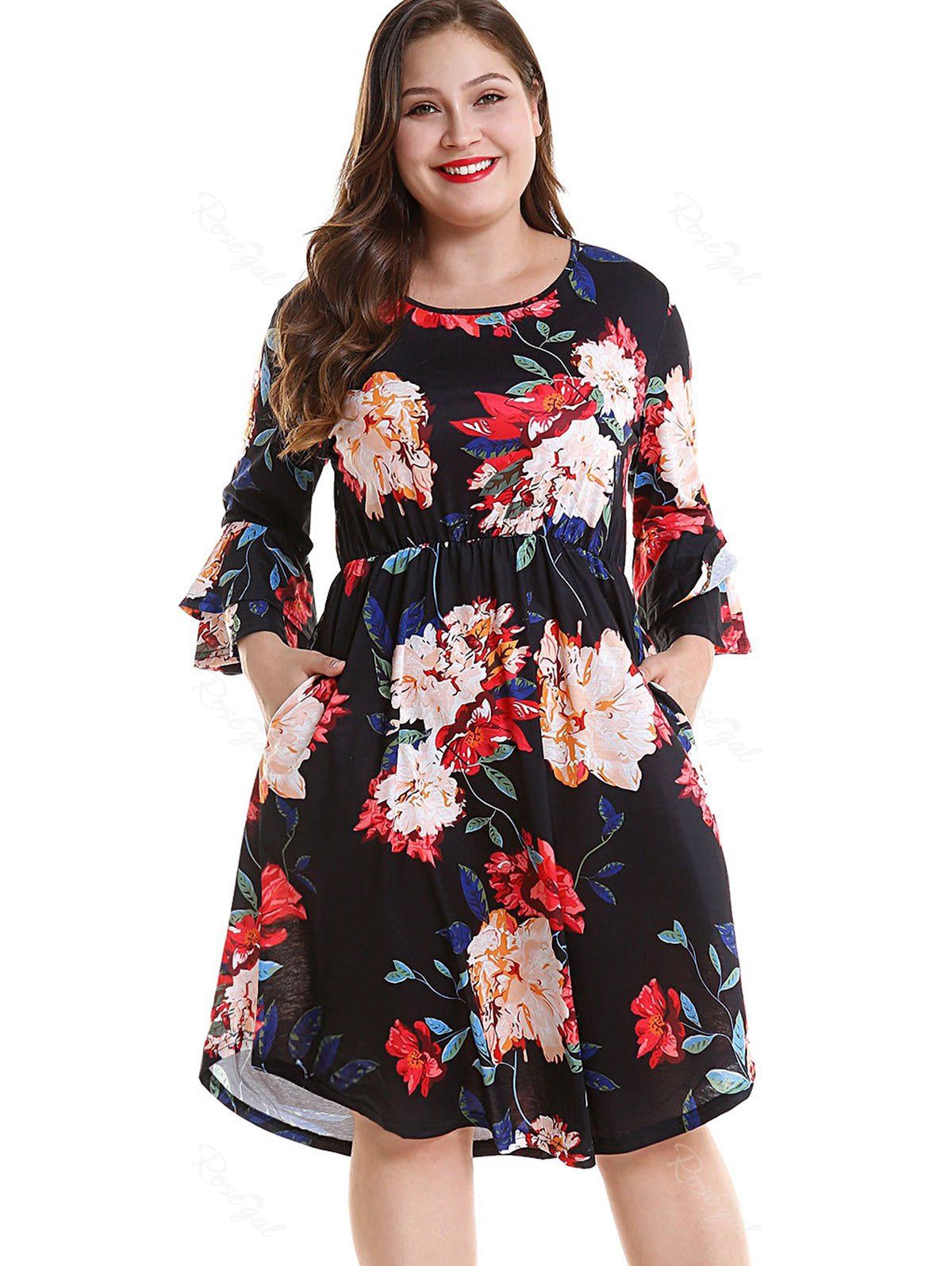 [61% OFF] Plus Size Floral Layered Sleeve Dress | Rosegal