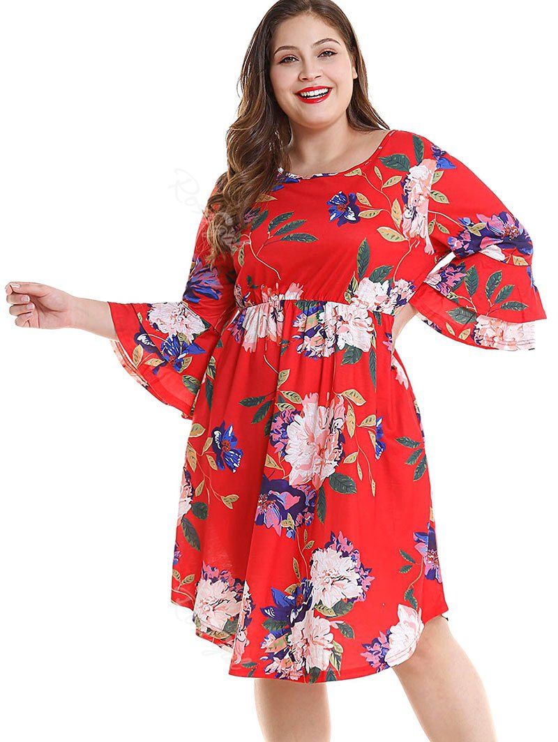 

Plus Size Floral Layered Sleeve Dress, Red