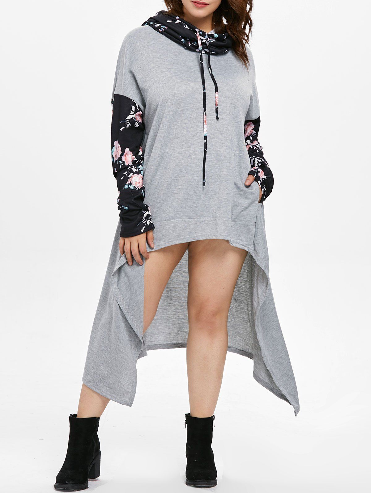 

Floral Print Sleeve Plus Size Drawstring High Low Dress, Black