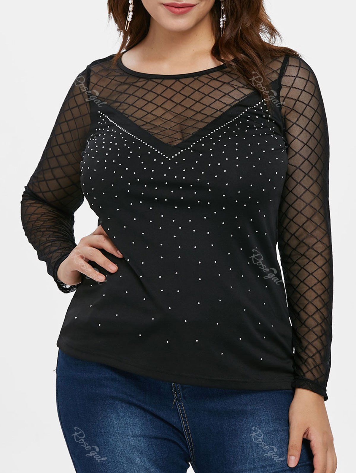 

Plus Size Sheer Rhinestone Embellished T-shirt, Black