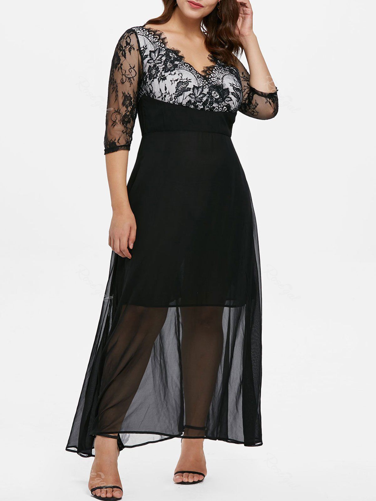 

Plus Size Eyelash Lace Trim Prom Dress, Black