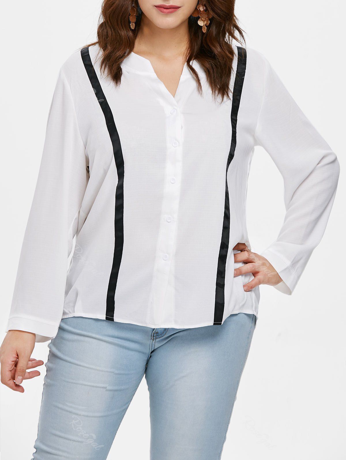 

Plus Size Buttoned Color Block Top, White