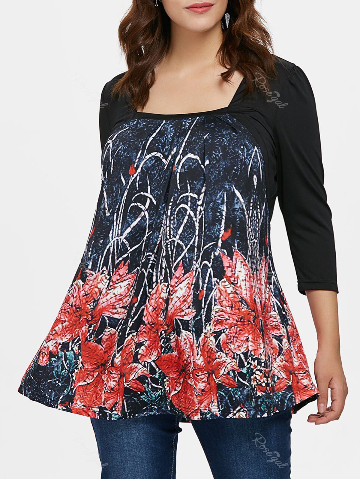 

Plus Size Floral Square Neck T-shirt, Black