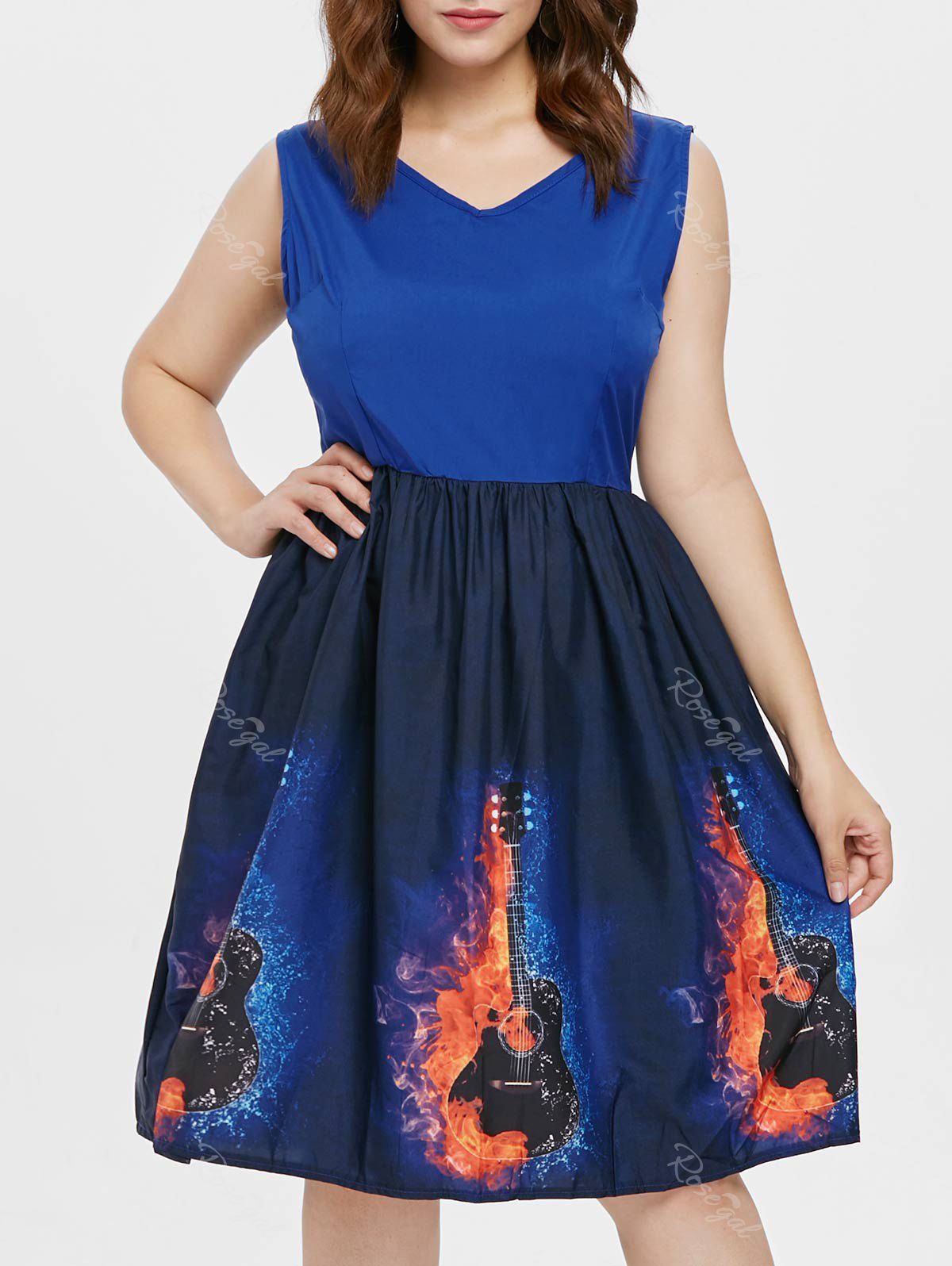 

Plus Size Guitar V Neck Flared Dress, Cobalt blue