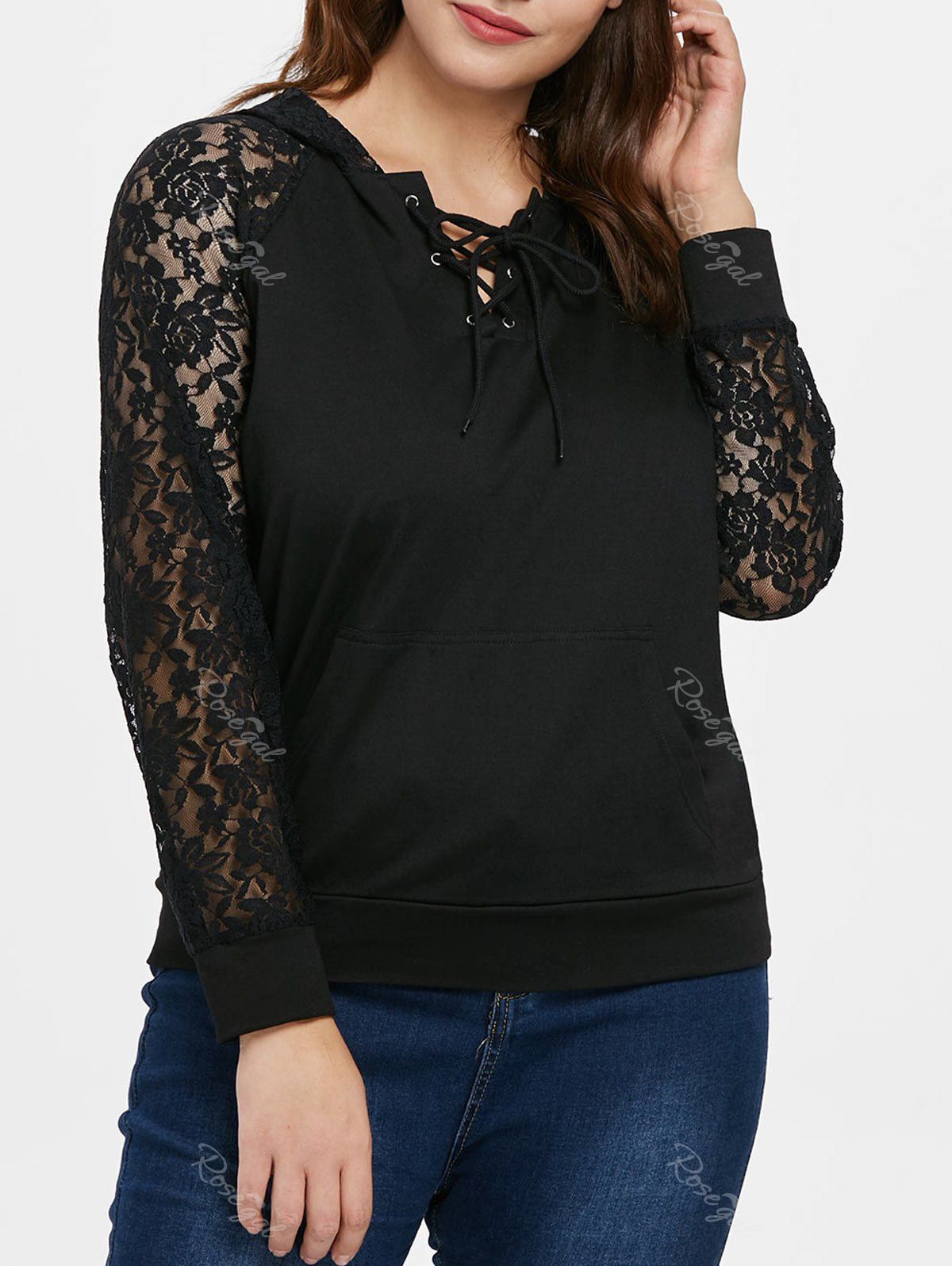 

Plus Size Lace Up Lace Panel Hoodie, Black