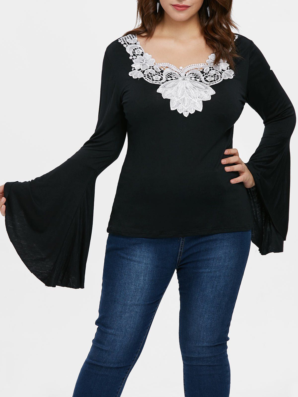 

Plus Size Lace Flared Sleeve T-shirt, Black