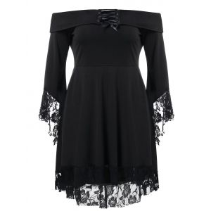 

Lace Up Plus Size Lace Hem T-shirt, Black