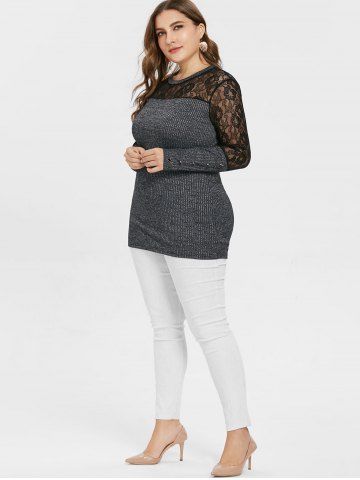 

Plus Size Sheer Lace Marled Knitwear, Gray