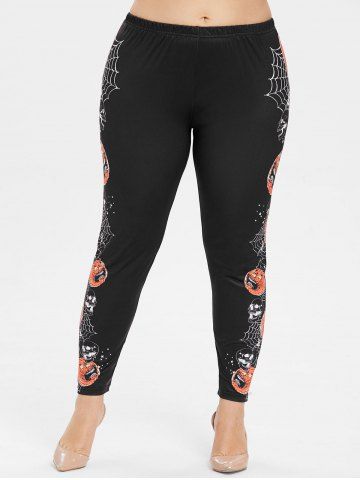 

Halloween Spider Web and Pumpkin Lantern Plus Size Leggings, Black