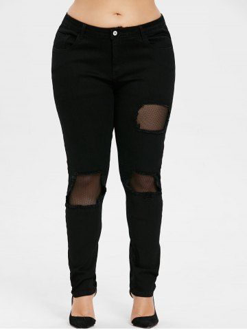 

Plus Size Fishnet Insert Ripped Jeans, Black