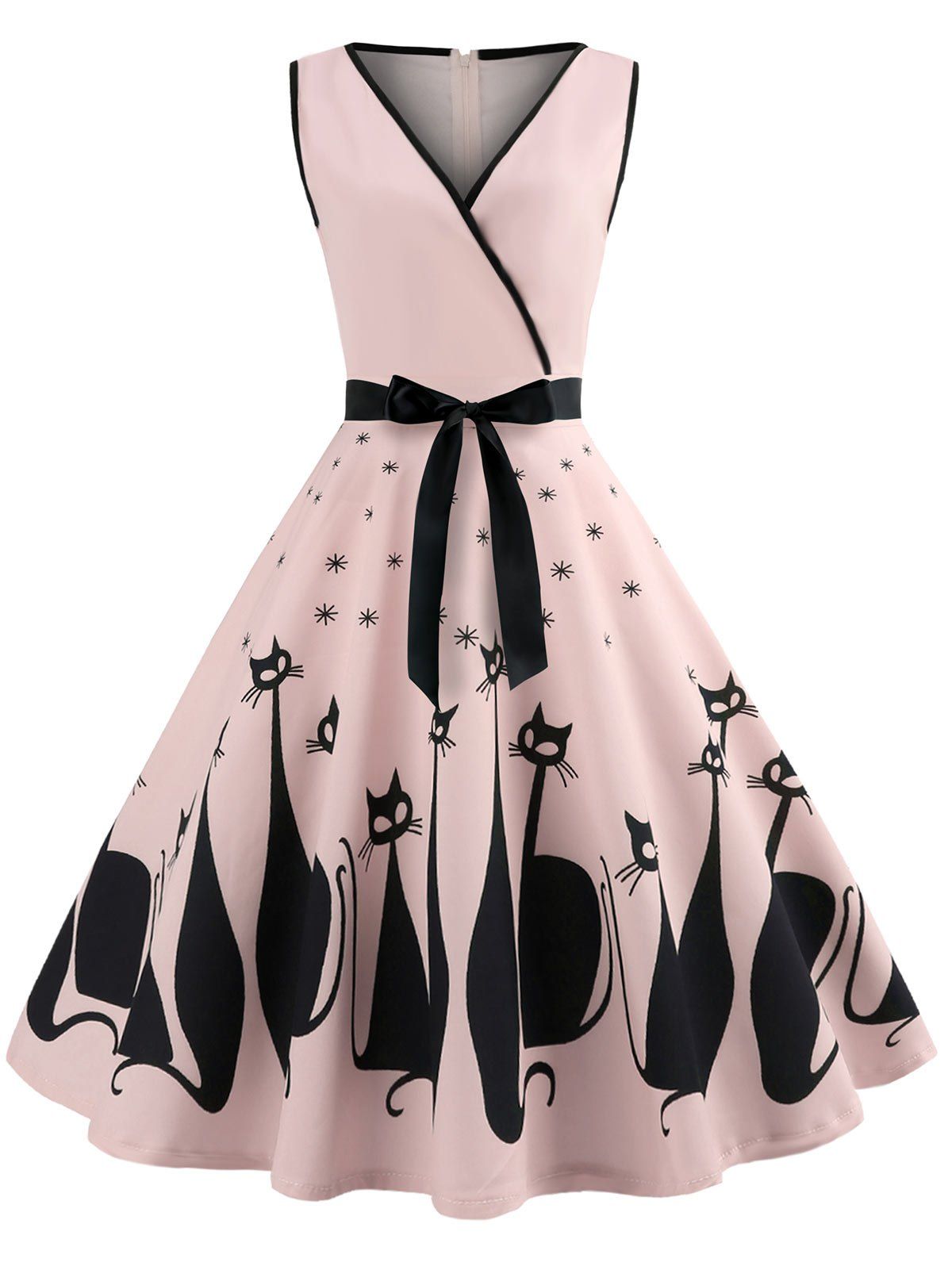 

Cat Pattern Plunging Neck Vintage Dress, Pink