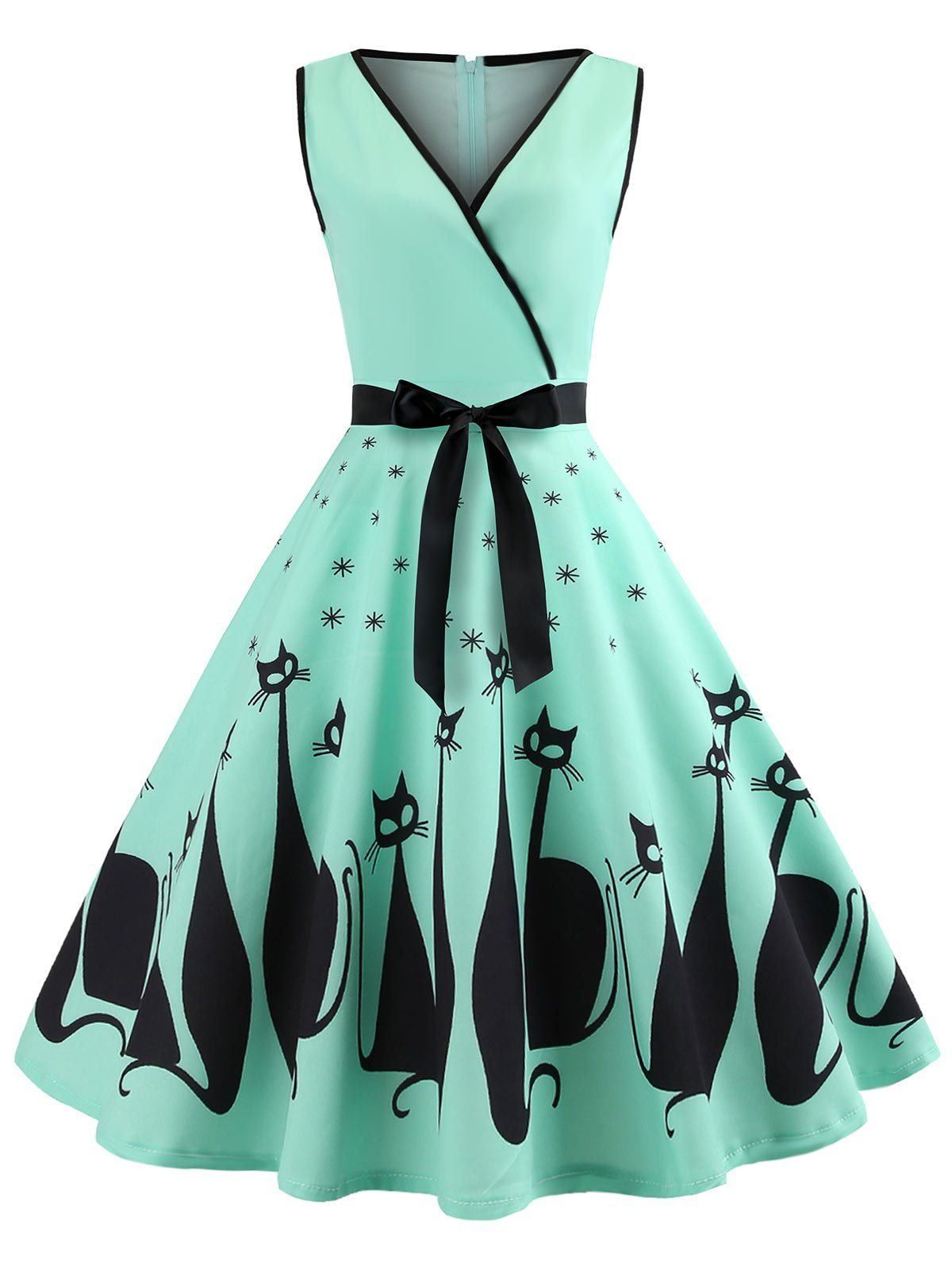 

Cat Pattern Plunging Neck Vintage Dress, Green