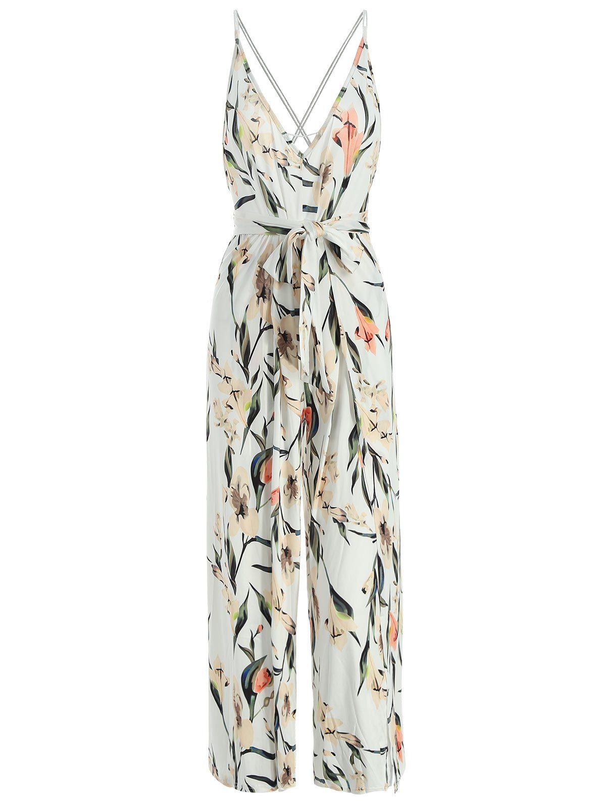 

Floral Print Backless Slit Jumpsuit, Multi