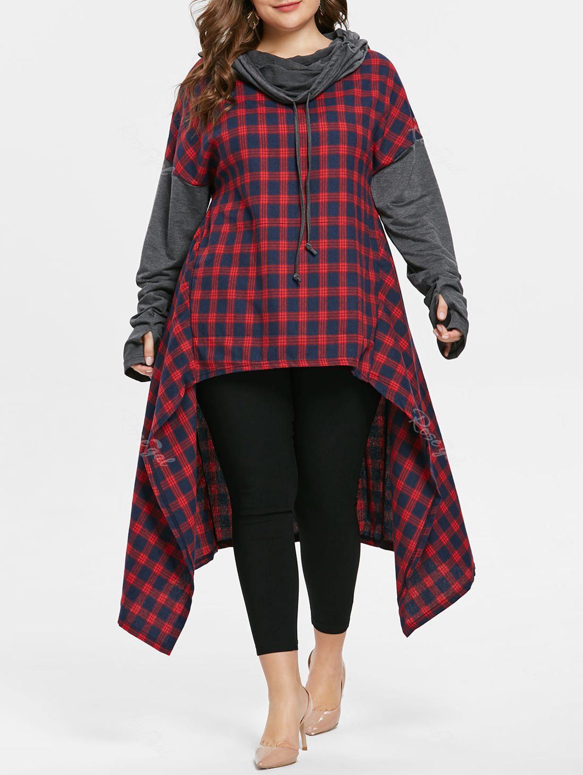 

Drawstring Plaid Hooded Plus Size Hoodie, Red