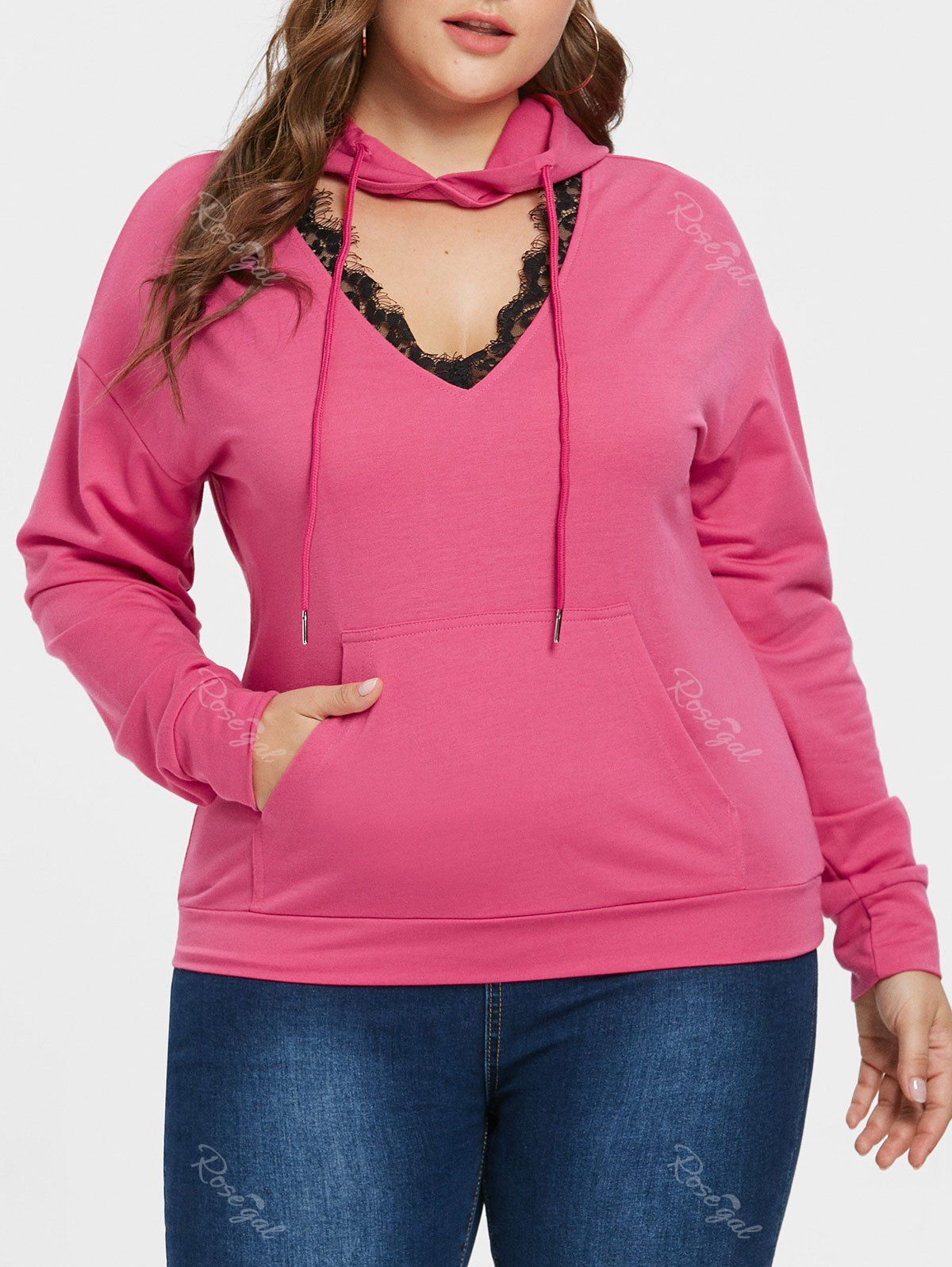 

Plus Size Lace Eyelash Cut Out Hoodie, Pink