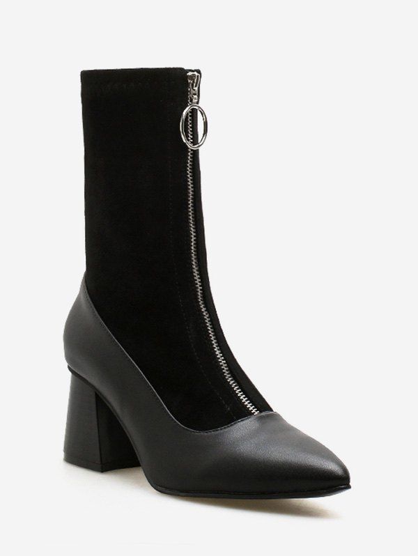 

O-ring Zip Block Heel Pointed Toe Mid Calf Boots, Black