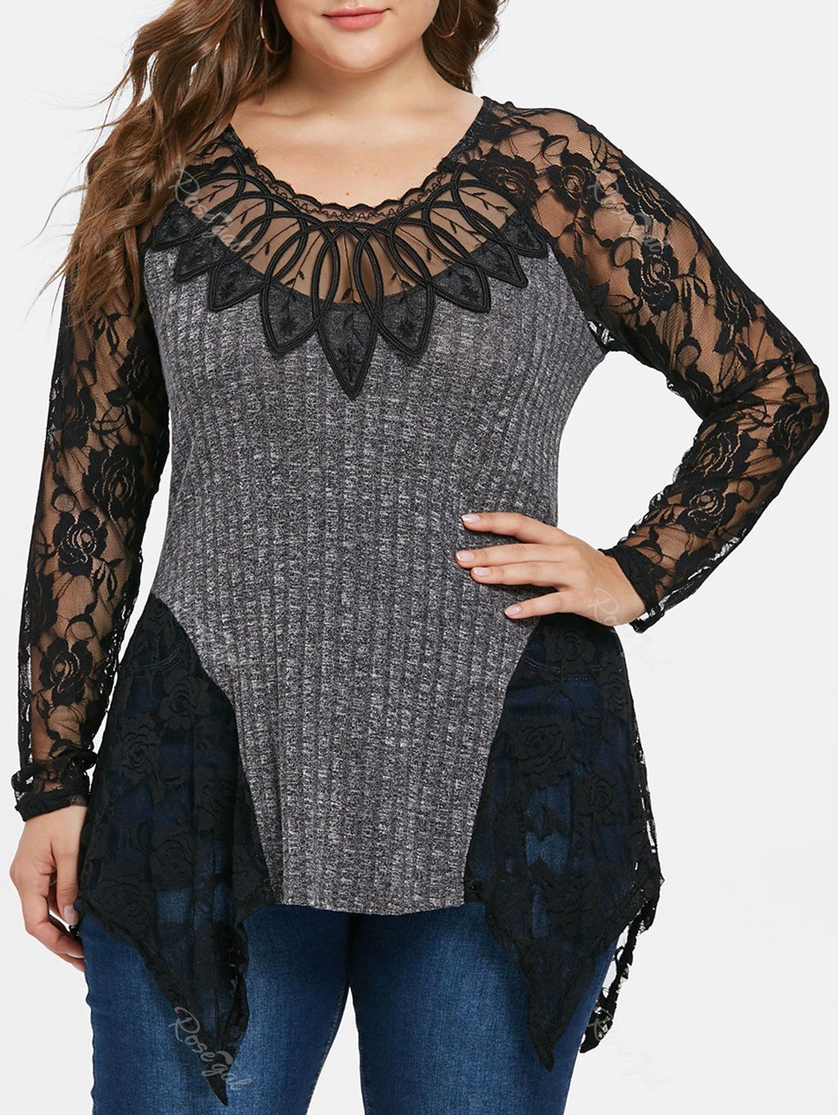 

Plus Size Lace Insert Ribbed Knitwear, Gray