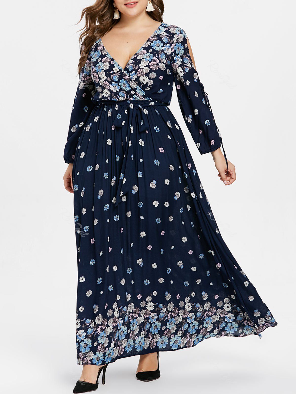 

Plus Size Print Maxi Dress with Belt, Deep blue