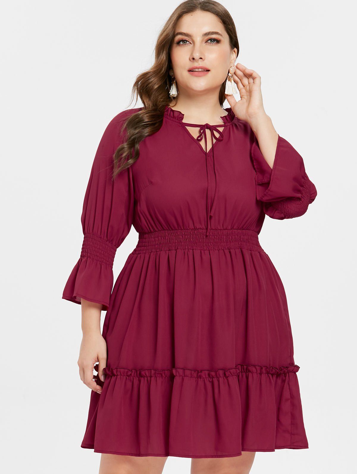 

Plus Size Frills Flounce Dress, Red wine