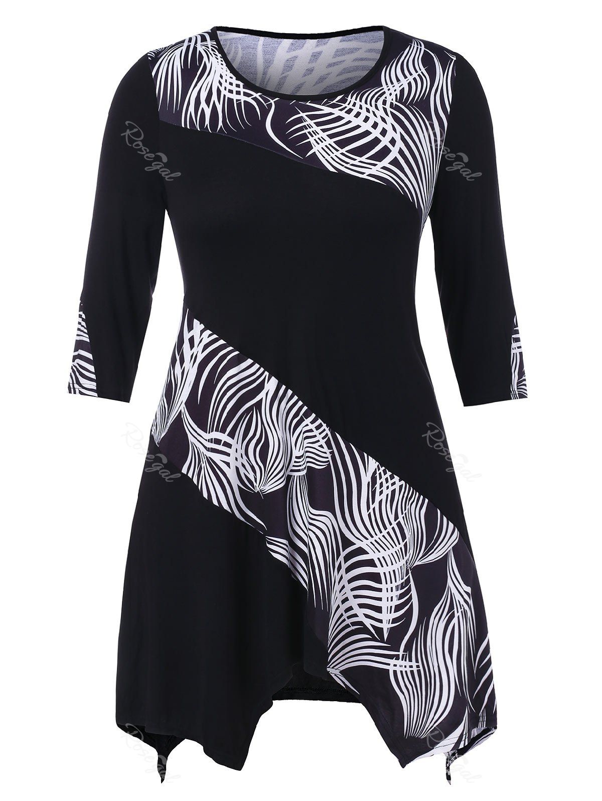 

Plus Size Print Panel Asymmetric T-shirt, Black