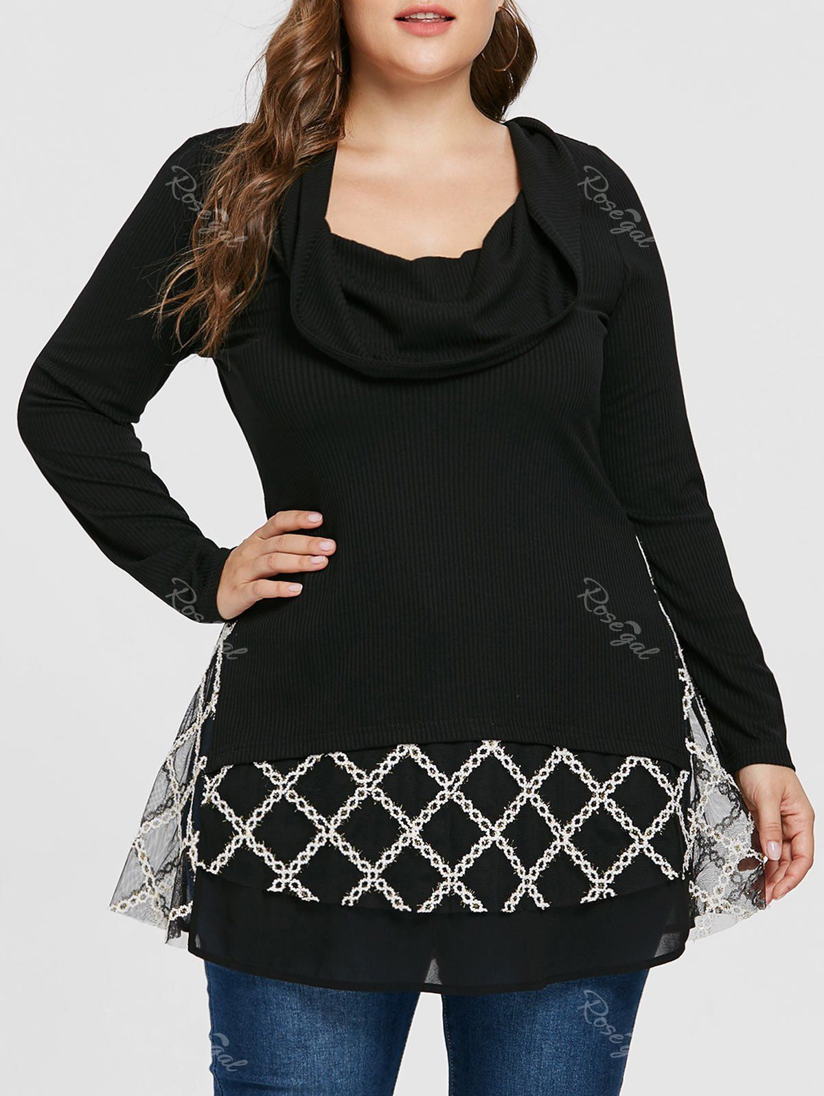 

Plus Size Turtleneck Contrast Crochet Ribbed Knitwear, Black