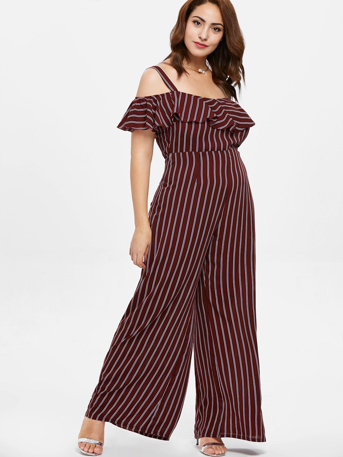 

Plus Size Wide Leg Striped Jumpsuit, Red wine