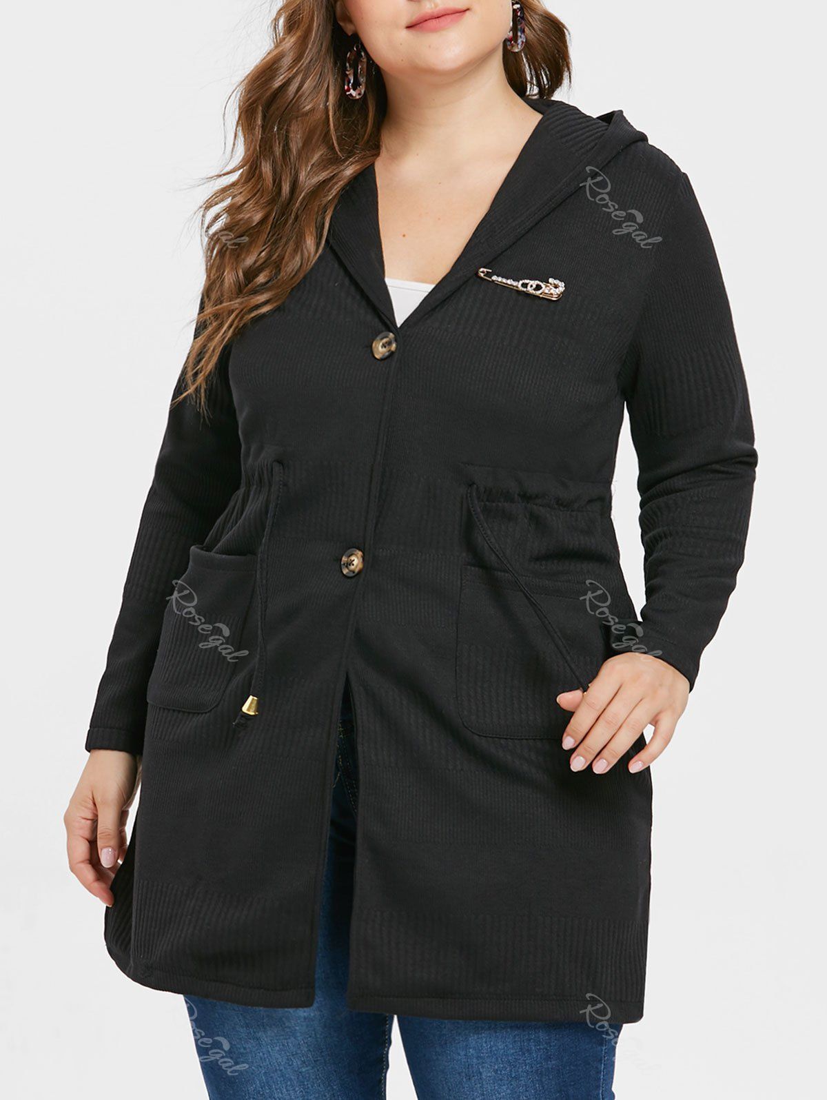 

Plus Size Drawstring Waist Hooded Coat, Black