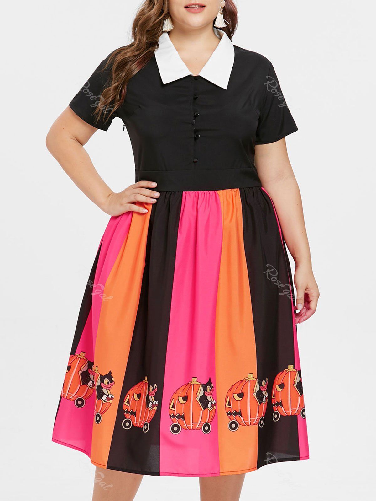 

Halloween Plus Size Pumpkin Print Fit and Flare Dress, Black