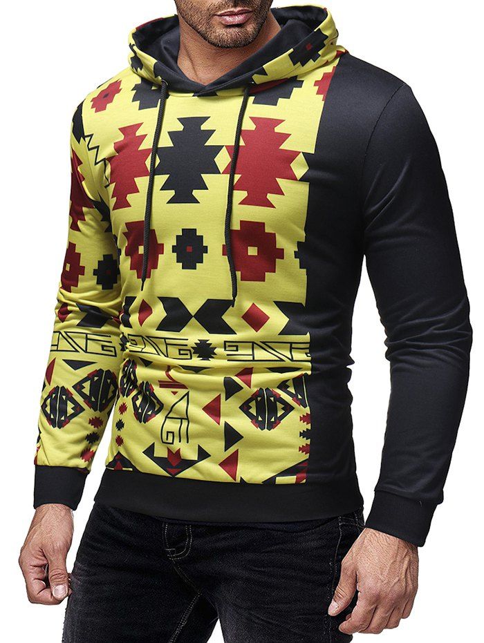 

Single Sleeve Geometric Printed Drawstring Hoodie, Multi