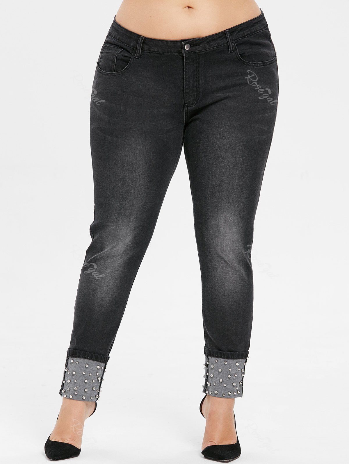 Plus Size Beading Cuffed Jeans, Black