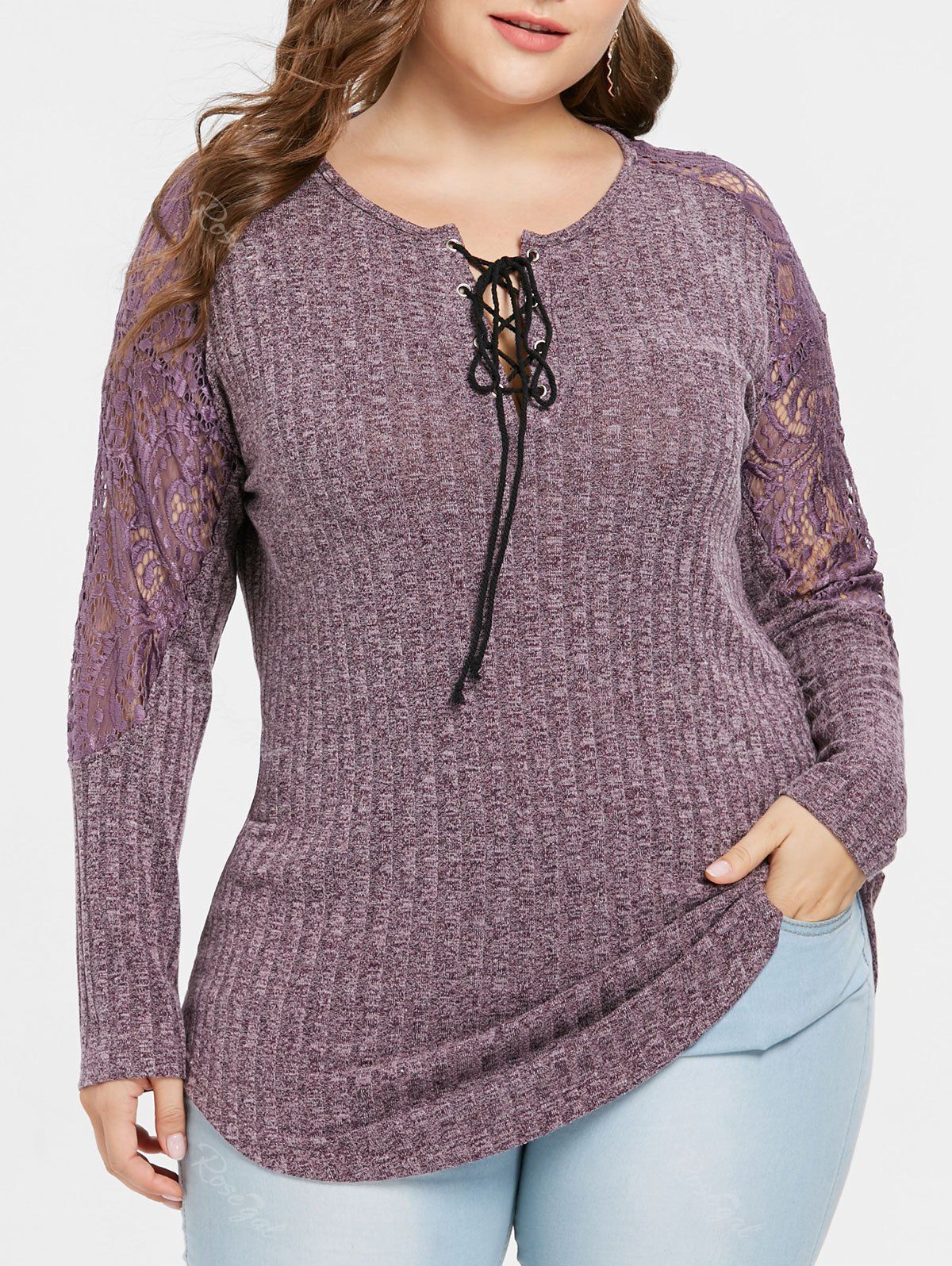 

Plus Size Lace Panel Ribbed Marled Knitwear, Pale violet red