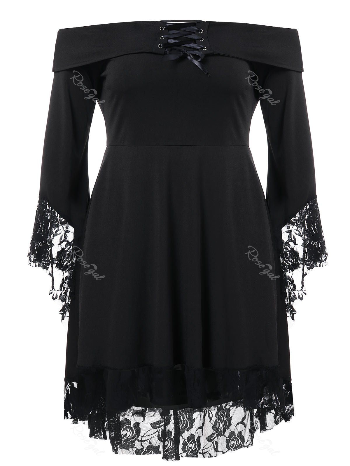

Lace Up Plus Size Lace Hem T-shirt, Black