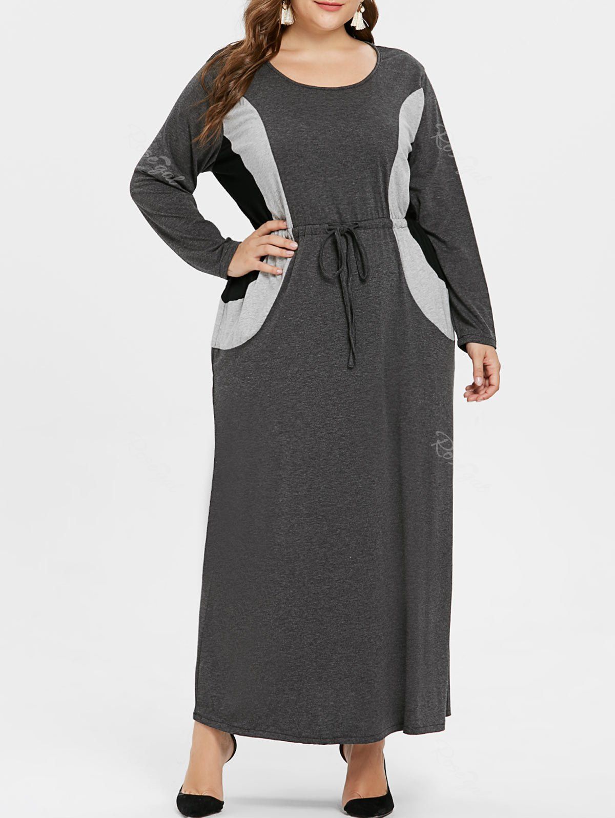 

Plus Size Color Block Drawstring Maxi Dress, Dark gray