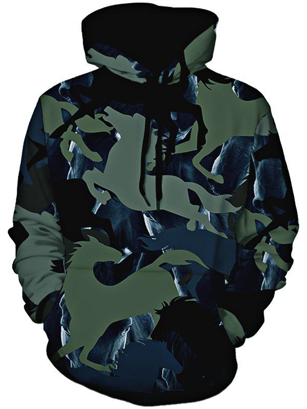 

Kangaroo Pocket Camouflage Horse Print Hoodie, Colormix