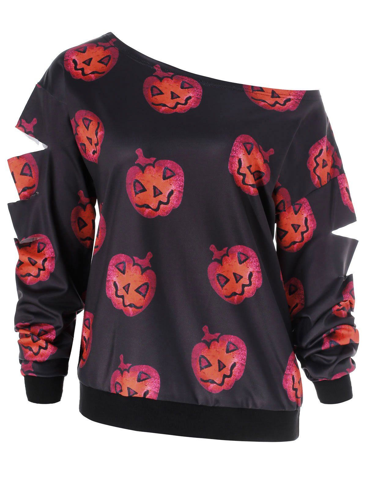 

Halloween Pumpkin Print Ripped Sleeve Sweatshirt, Black