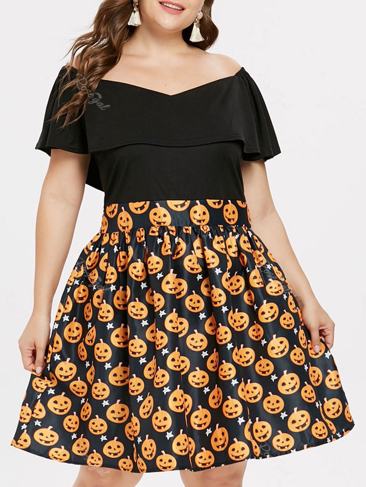 

Plus Size Halloween Pumpkin Off Shoulder Dress, Black