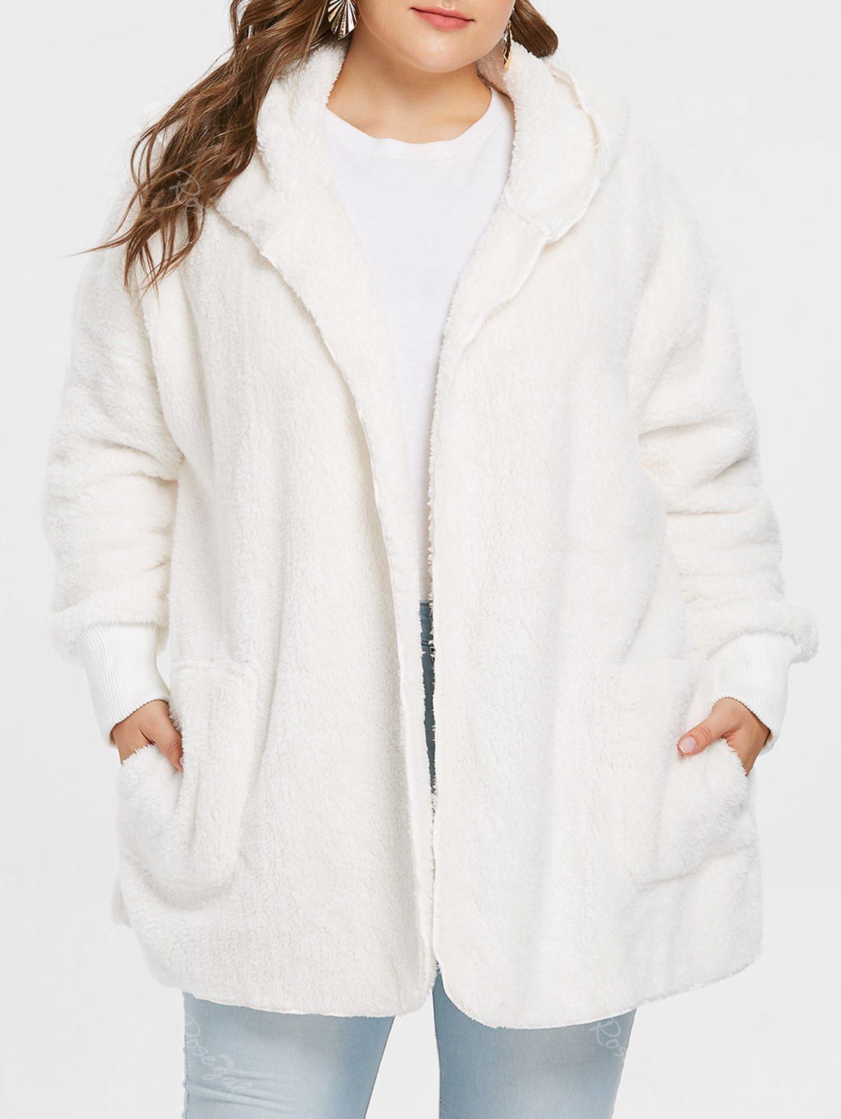 

Collarless Plus Size Faux Fur Coat, White