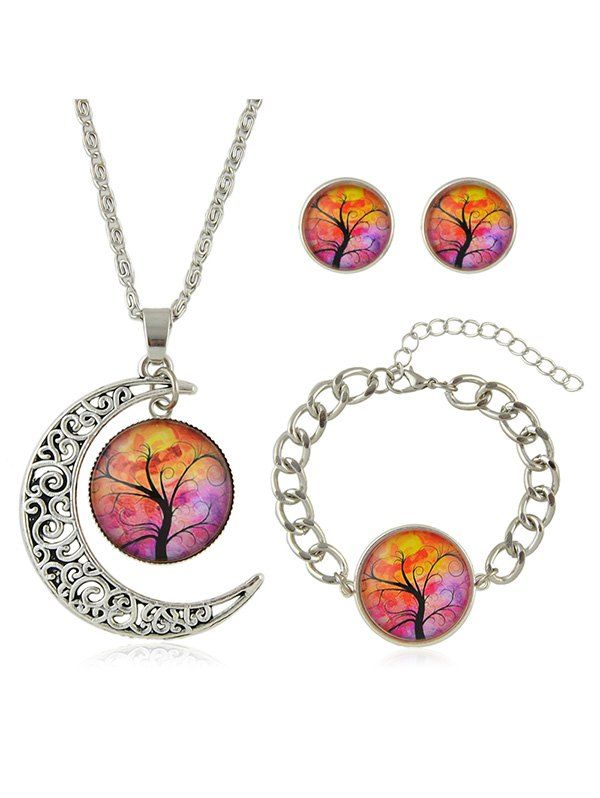 

Crescent Moon Tree Printed Pendant Necklace Bracelet Earrings Set, Bright orange