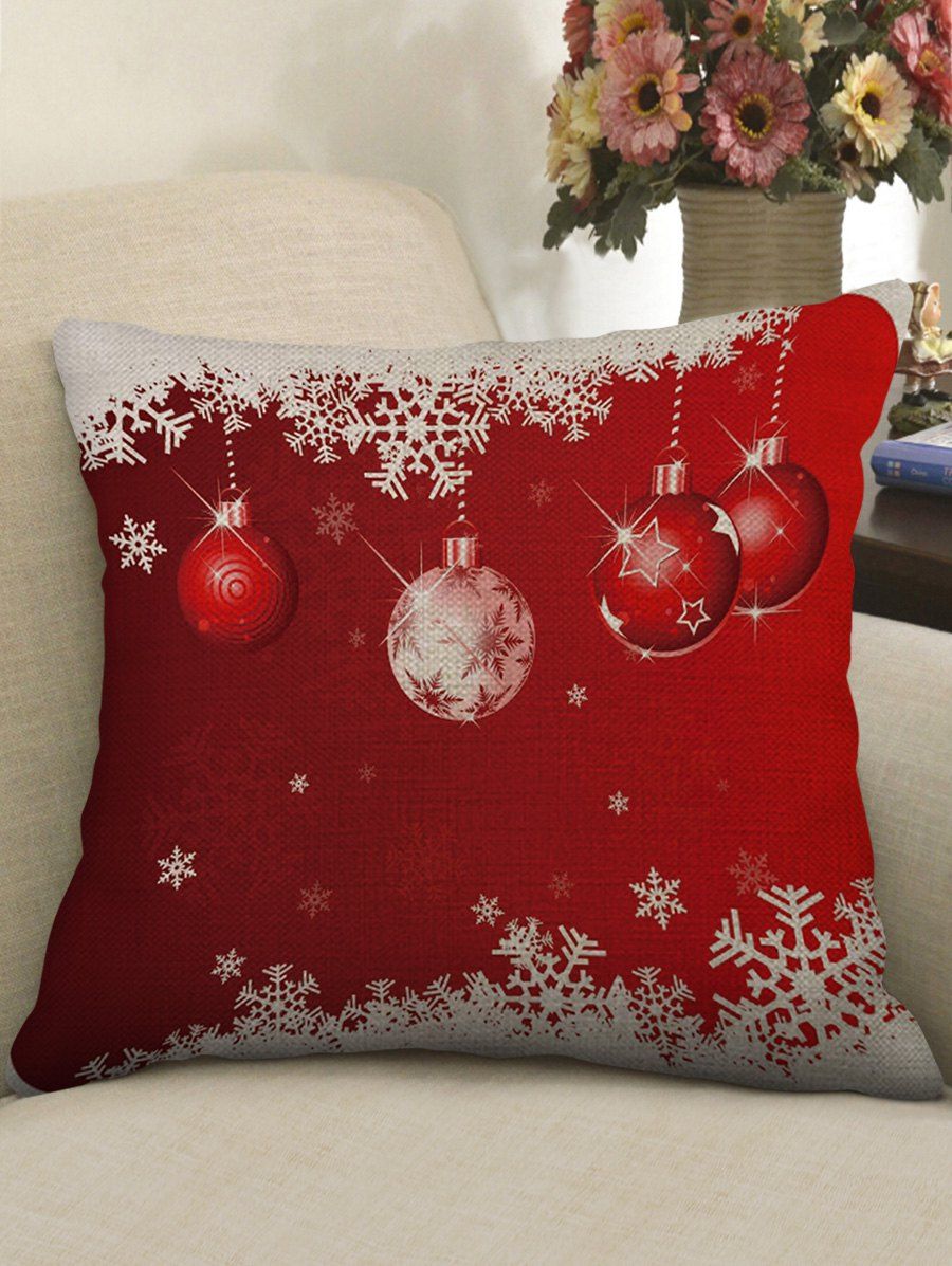 

Christmas Balls Snowflake Print Decorative Sofa Linen Pillowcase, Red