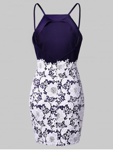 

Backless Contrast Lace Mini Bodycon Dress, Deep blue