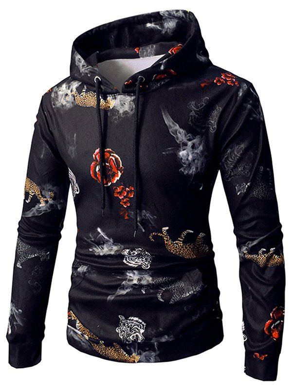 

Flower and Tiger Print Drawstring Hoodie, Black