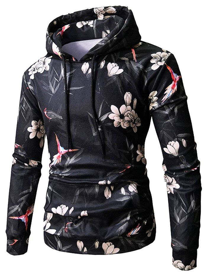 

Bird and Flower Print Drawstring Hoodie, Black