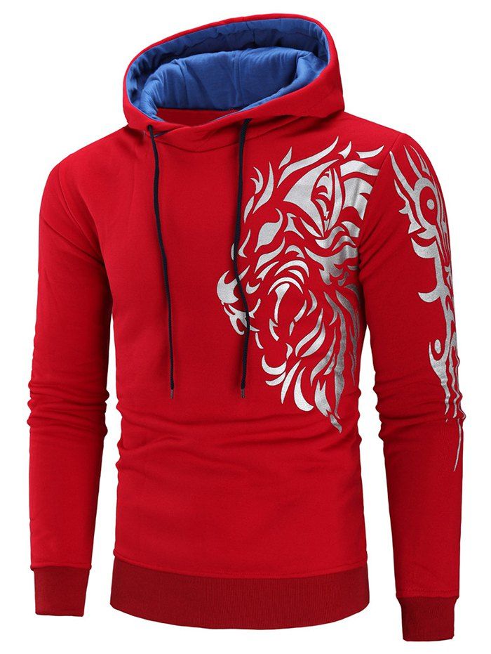 

Color Block Tiger Print Hoodie, Red